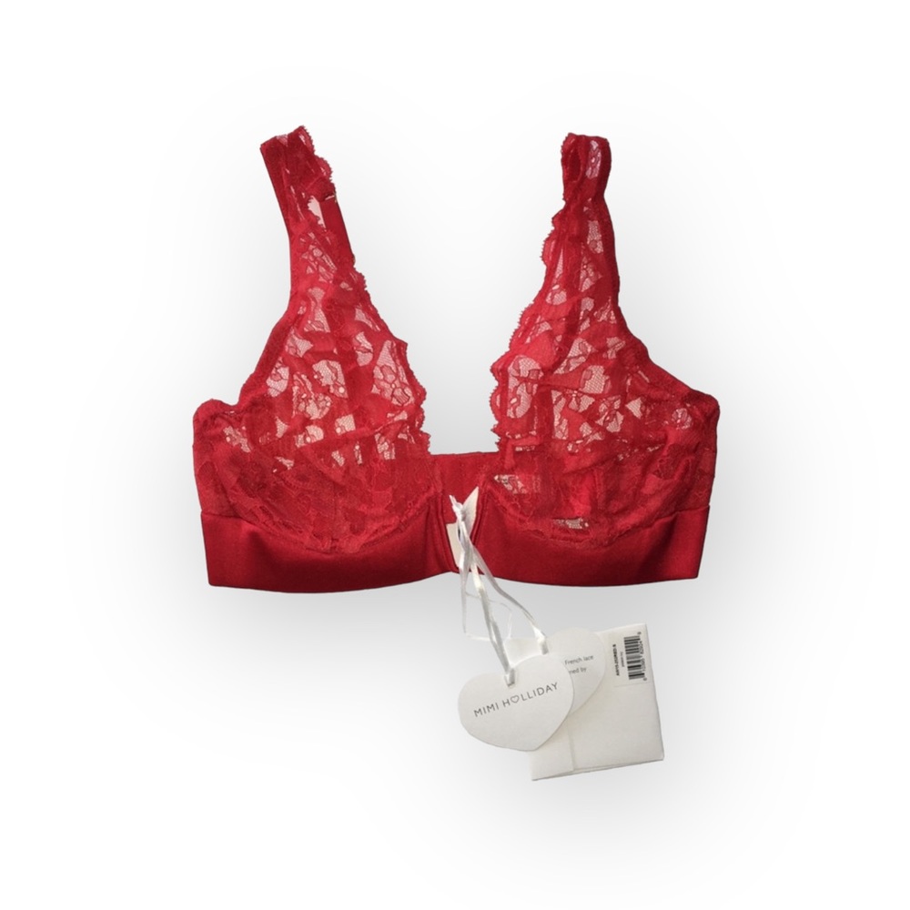 new Mimi Holliday ❤︎ Poison Ivy V Plunge ❤︎ Heart Shaped Lace Bra ❤︎ Scarlet Red - Picture 11 of 17
